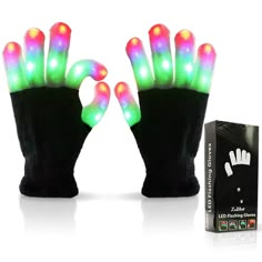 two black gloves with multicolored lights on them and an electronic box next to it