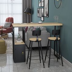 a living room filled with furniture next to a table and two stools in front of a couch