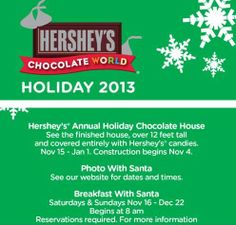 an advertisement for hershey's chocolate world holiday 2013, with snowflakes in the background