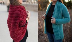 two women standing next to each other, one wearing a red and blue crocheted cardigan