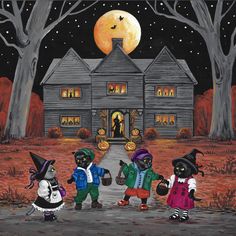 three black cats dressed up as witches in front of a creepy house with pumpkins