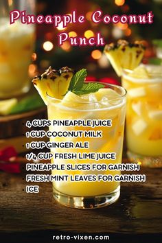 the pineapple coconut punch recipe is ready to be served in glasses with ice and garnish