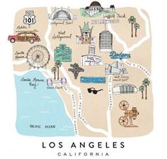 an illustrated map of los angeles, california with buildings and other things on it's side