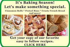 an advertisement for breads and pastries with the words it's baking season let's make something special