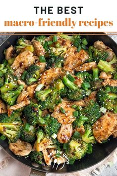 broccoli, chicken and sesame seeds in a skillet with text overlay