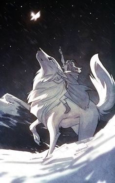 a person riding on the back of a white wolf