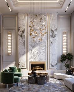 an elegant living room with white walls and gold trimming on the ceiling, along with modern furniture