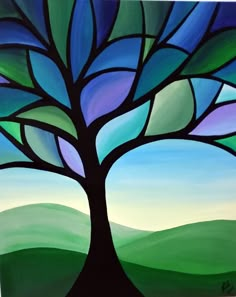 a painting of a tree with blue and green leaves