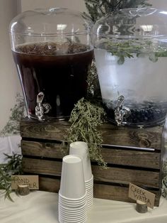 two vases filled with plants sitting on top of a wooden box next to each other