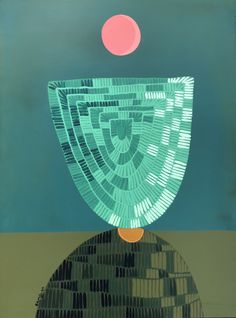 an abstract painting with blue, green and pink shapes in the background is a circular object