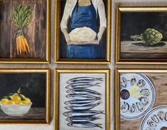 four paintings of different foods are hanging on the wall in front of some plates and bowls