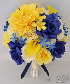 a bridal bouquet with blue and yellow flowers