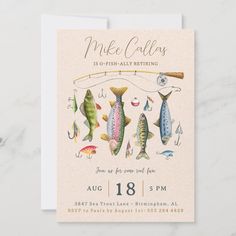 a birthday card with fish on a line and fishing rods hanging from it's hooks