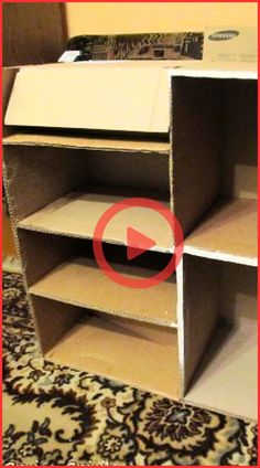 an open book shelf sitting on top of a carpeted floor next to a rug