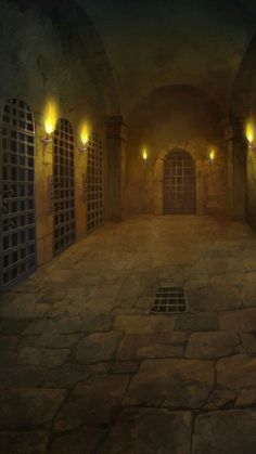 an empty room with some lights on the walls and stone flooring in front of it