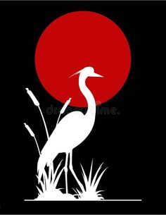 a white crane standing in front of a red sun on black background royalty illustration stock images