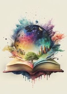 an open book with colorful paint splattered on the pages and trees in the middle