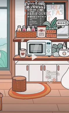 a cartoon kitchen with various items on the shelves