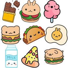 an assortment of cartoon food items on a white background