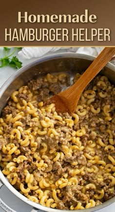 hamburger helper recipe in a skillet with a wooden spoon and title above it