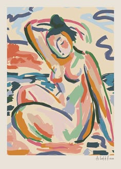 an abstract painting of a woman sitting on the ground with her hands behind her head