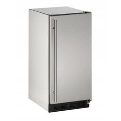 a stainless steel refrigerator freezer sitting on top of a white surface with the door open