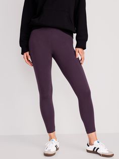 Elasticized high-rise waistband.  On-seam side pockets for your phone.  Soft-washed cotton jersey, with comfortable stretch.  Easy pull-on style.  #873415 High-waisted leggings sit at belly button.  Fitted through hip and thigh.  Skinny 7/8-length le Versatile Pull-on Leggings For Fall, Plum Leggings Outfit, Stretch Activewear With Pockets For Everyday, High Waist Ribbed Waistband Leggings, Casual Stretch Yoga Pants With Pull-on Style, Full Length Leggings With Wide Waistband For Fall, Basic Stretch Activewear For Fall, Mid-rise Elastane Yoga Pants With Pockets, Mid-rise Yoga Pants With Pockets