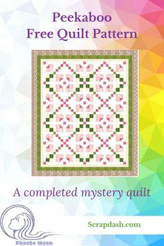 the free quilt pattern is featured on this page, which includes an image of a pink and