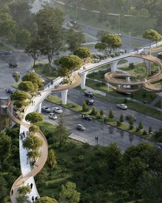 an artist's rendering of a curved road with trees and people walking on it