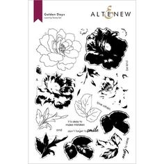 altew clear stamps with flowers and leaves on the front, in black and white