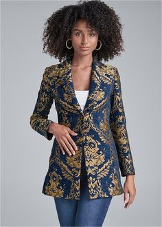 Prepare for chilly days ahead with this form-flattering coat that boasts a bold metallic paisley print promising to attract attention. The blazer-style front, side slit pockets and notched collared neckline assure this statement jacket instantly polishes and pulls together both daytime and evening looks.* Available in plus* Functional button closure at front* Print placement may vary* No lining* Fabric does not have stretch* Chenille/poly. Imported Fall Fashion Denim, Venus Fashion, Statement Jacket, Pearl Details, Black Swimwear, Printed Blazer, Ankle Strap Heels, Coin Pendant