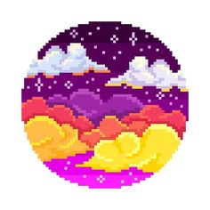 an image of a pixel art with clouds and mountains in the background