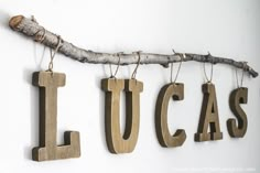 three wooden letters hanging from a branch that says lucas and lucas on the wall