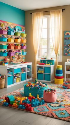 a child's playroom with toys and storage