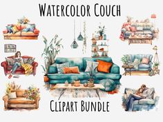 watercolor couch clipart bundle