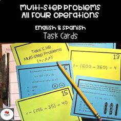 multi - step problems all four operations spanish and spanish task cards