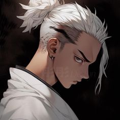 an anime character with white hair and piercings on his ears, looking to the side