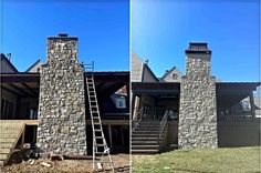 two pictures side by side of a stone house with stairs leading up to the roof