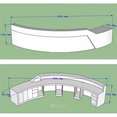 an image of a curved bench with measurements on the front and back side, shown in two different views