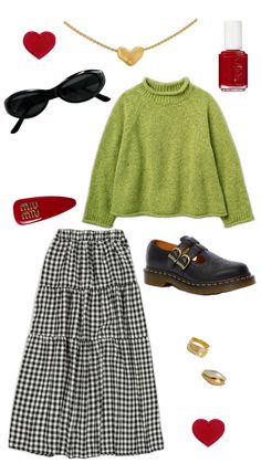 Gingham Skirt Outfit, Teacher Fits, Fall Ootd, Gingham Skirt, Fall 24, Teacher Outfits, Red Accents, Autumn Outfit, Green Sweater