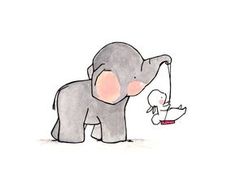 an elephant standing next to a baby elephant on top of a white ground with a red object in it's mouth