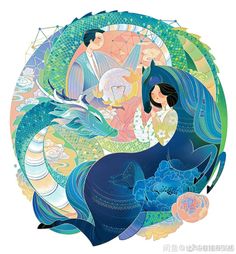 an illustration of two mermaids and one is holding a fish in its mouth, surrounded by other sea creatures