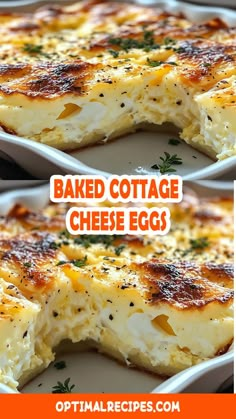 baked cottage cheese eggs on a plate with the words, baked cottage cheese eggs over it