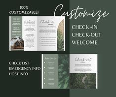 an open brochure with the words, check - in and welcome