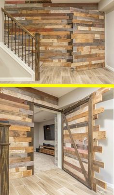 the inside of a house with wooden walls and stairs