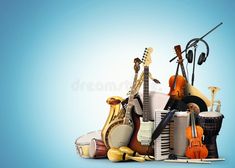 an assortment of musical instruments on a blue background