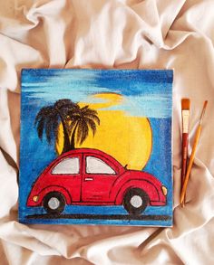 a painting of a red car with palm trees and the sun in the background on a white sheet