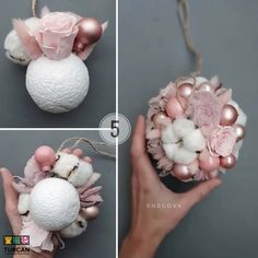 four pictures show how to make a pom - pom ornament with pink and white flowers