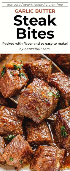 steak bites in garlic butter sauce on a white plate