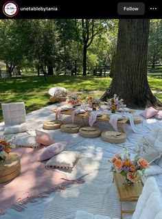 an outdoor picnic setting with flowers and pillows on the ground, in front of a large tree